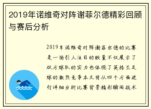 2019年诺维奇对阵谢菲尔德精彩回顾与赛后分析