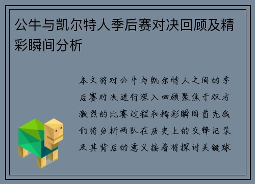 公牛与凯尔特人季后赛对决回顾及精彩瞬间分析