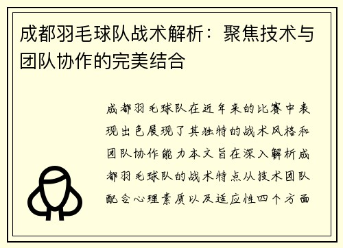 成都羽毛球队战术解析：聚焦技术与团队协作的完美结合