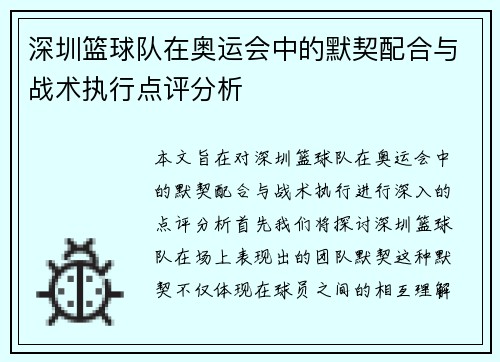 深圳篮球队在奥运会中的默契配合与战术执行点评分析