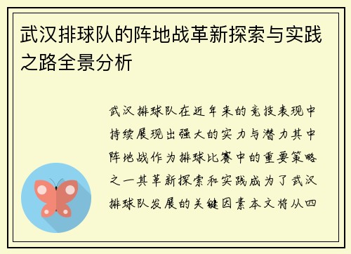 武汉排球队的阵地战革新探索与实践之路全景分析