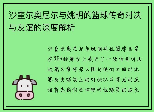 沙奎尔奥尼尔与姚明的篮球传奇对决与友谊的深度解析