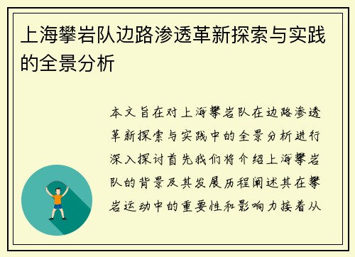 上海攀岩队边路渗透革新探索与实践的全景分析
