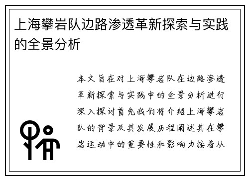 上海攀岩队边路渗透革新探索与实践的全景分析