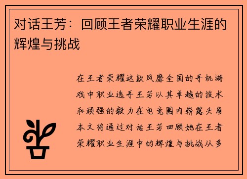 对话王芳：回顾王者荣耀职业生涯的辉煌与挑战