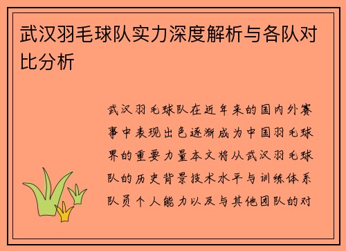 武汉羽毛球队实力深度解析与各队对比分析
