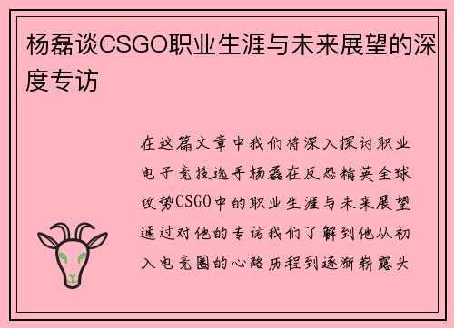 杨磊谈CSGO职业生涯与未来展望的深度专访