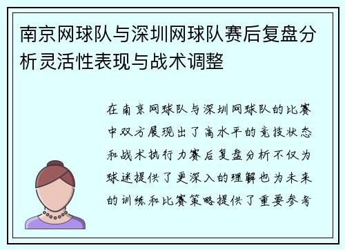 南京网球队与深圳网球队赛后复盘分析灵活性表现与战术调整