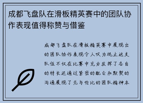 成都飞盘队在滑板精英赛中的团队协作表现值得称赞与借鉴